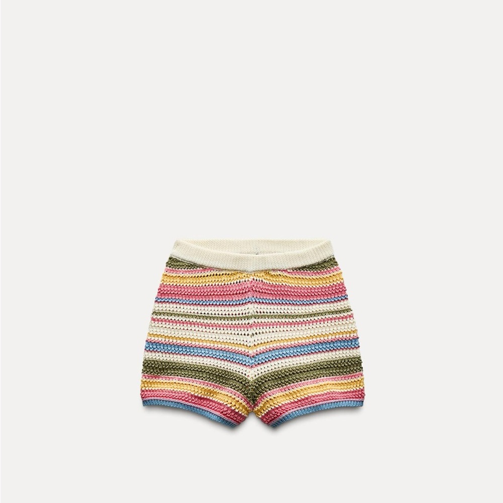 Zara Cream Multicolor Stripe Crochet High-Waist Shorts